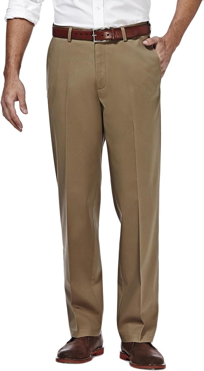 Haggar Pantalón de alta calidad para hombre, color caqui, ajuste clásico, cintura ampliable, parte delantera plana (tallas regulares y grandes y altas)