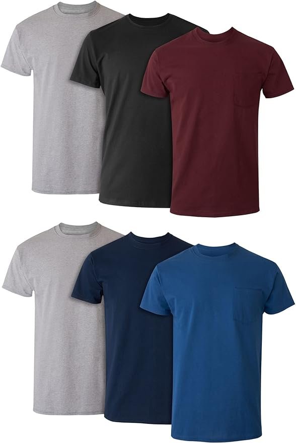 Hanes Paquete de camiseta interior con bolsillo para hombre, camiseta de algodón con cuello redondo, camiseta que absorbe la humedad, paquete surtido de 6 unidades