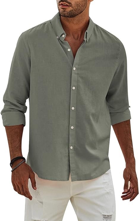 APOONABA Camisa Lino Hombre Manga Larga Color Sólido Shirts Casual Algodón Camisetas Elegante Coton Camisas con Botónes Regular Fit