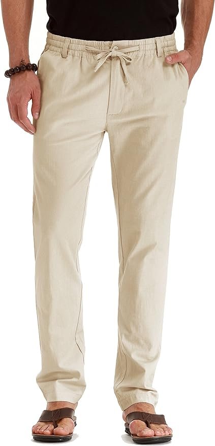 Sailwind Pantalones de lino con cordón para hombre, pantalones sueltos casuales de verano para playa