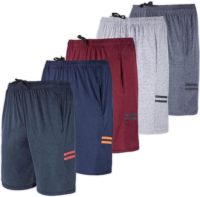 Real Essentials - Paquete de 5 shorts deportivos para hombre, shorts de rendimiento deportivo con tela Dry-Fit resistentes al sudor