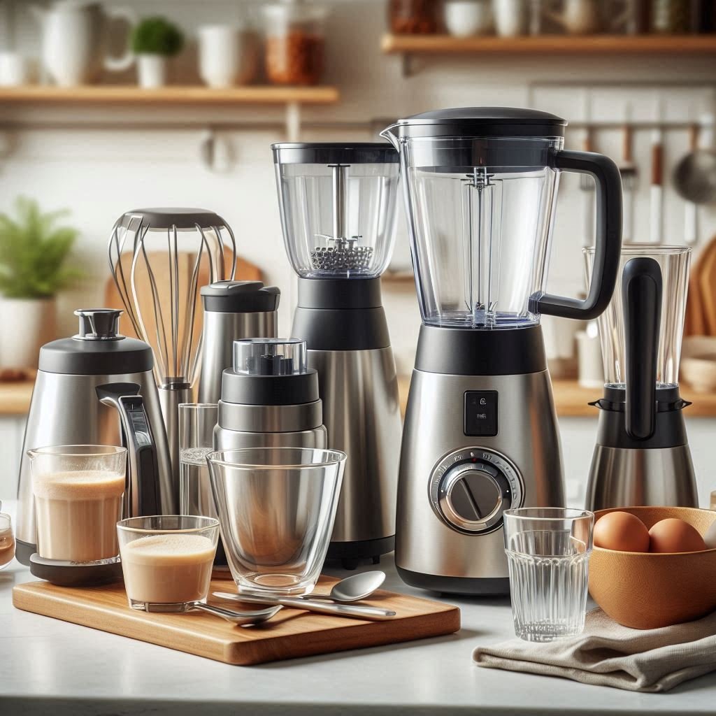 close up of kitchen items including blender coffee maker food processor glasses on a kitchen counter with a modern kitchen background